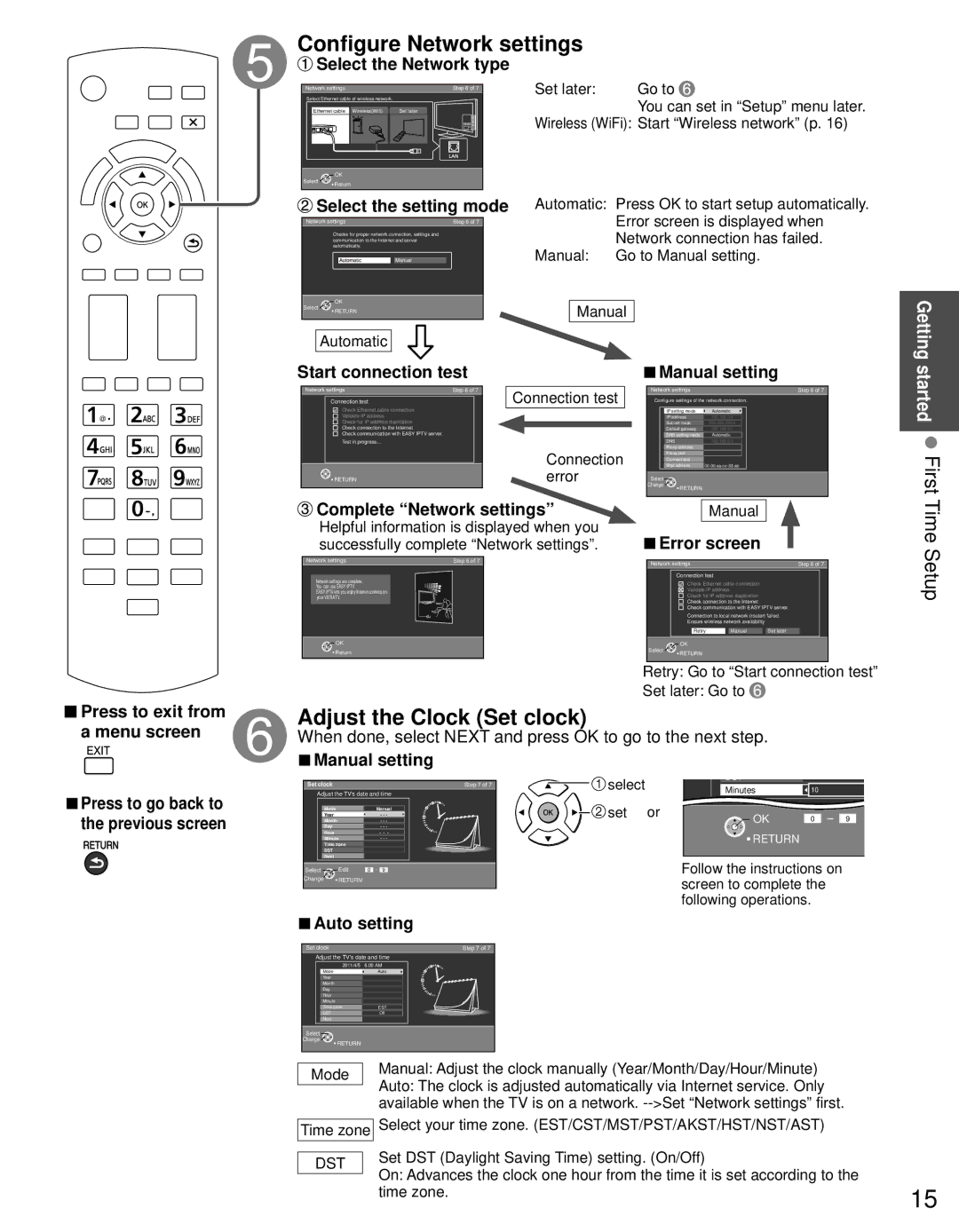 Panasonic TC-P42S30, TC-P46S30, TC-P50S30 warranty Adjust the Clock Set clock, Started First Time 