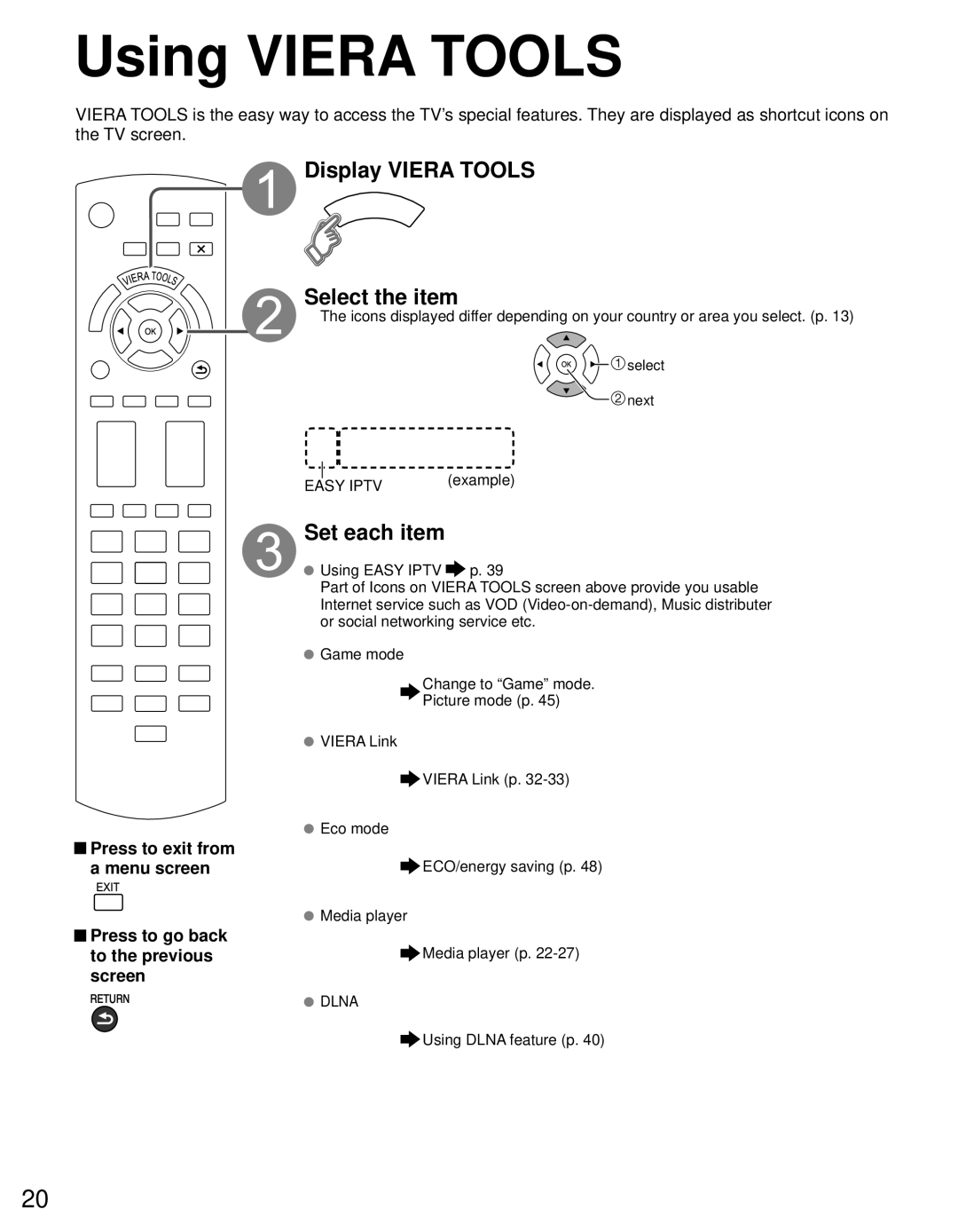 Panasonic TC-P46S30, TC-P42S30 Using Viera Tools, Display Viera Tools Select the item, Set each item, Using Dlna feature p 