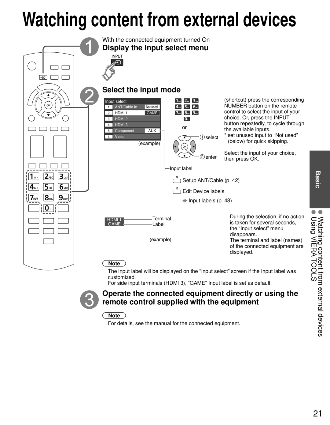 Panasonic TC-P42S30, TC-P46S30, TC-P50S30 Display the Input select menu Select the input mode, From external devices Tools 