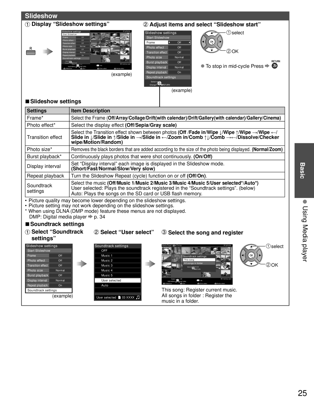 Panasonic TC-P50S30, TC-P46S30, TC-P42S30 warranty Using Media, Player, Slideshow settings 