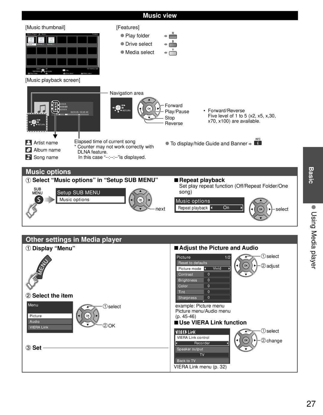 Panasonic TC-P42S30, TC-P46S30, TC-P50S30 warranty Music options, Using, Other settings in Media player, Music view 