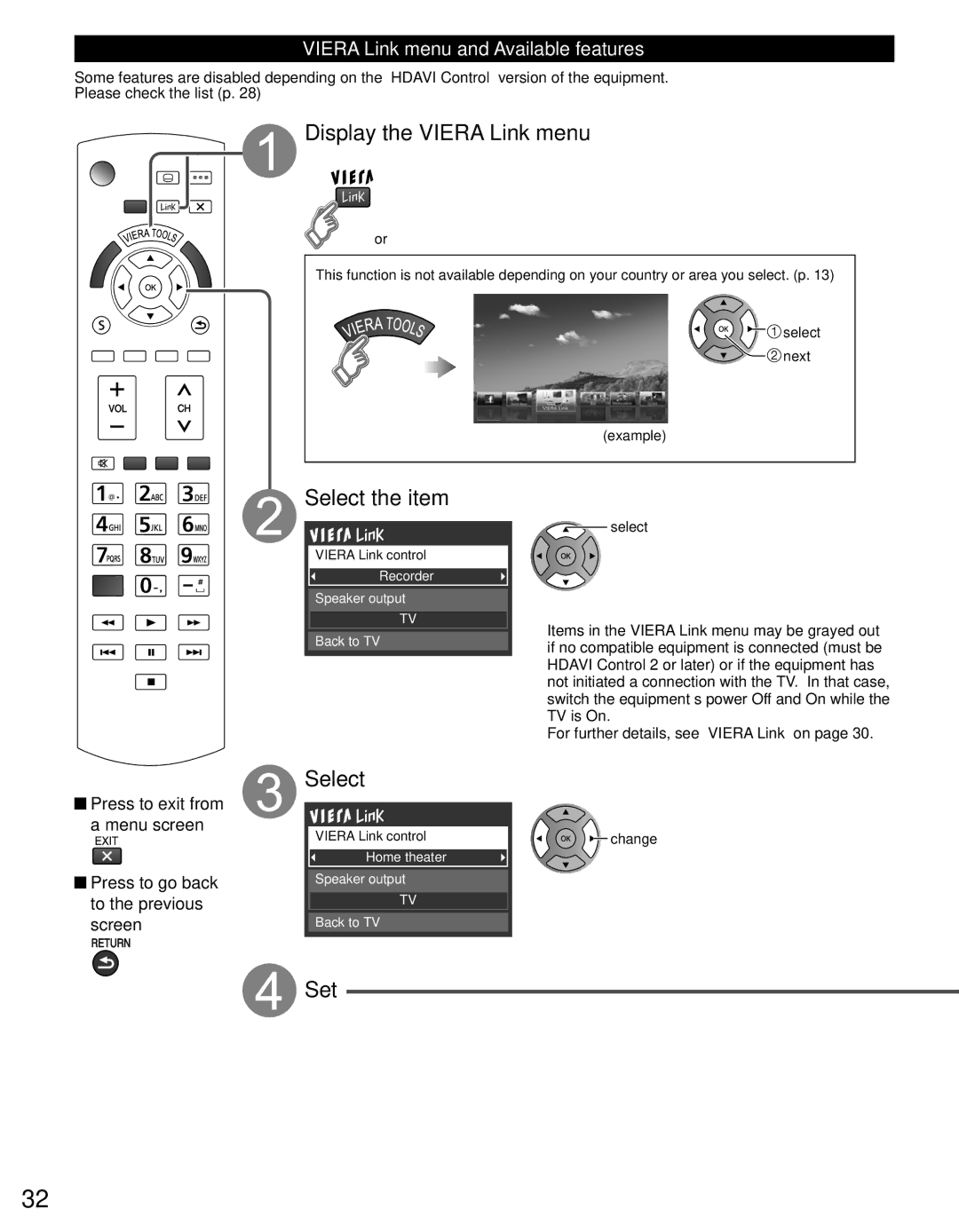 Panasonic TC-P46S30, TC-P42S30, TC-P50S30 Display the Viera Link menu, Select, Set, Viera Link menu and Available features 