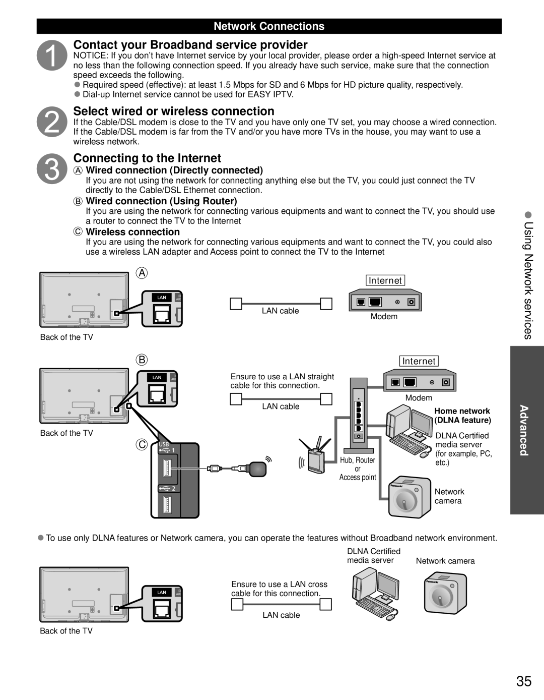 Panasonic TC-P46S30 Contact your Broadband service provider, Select wired or wireless connection, Using Network services 