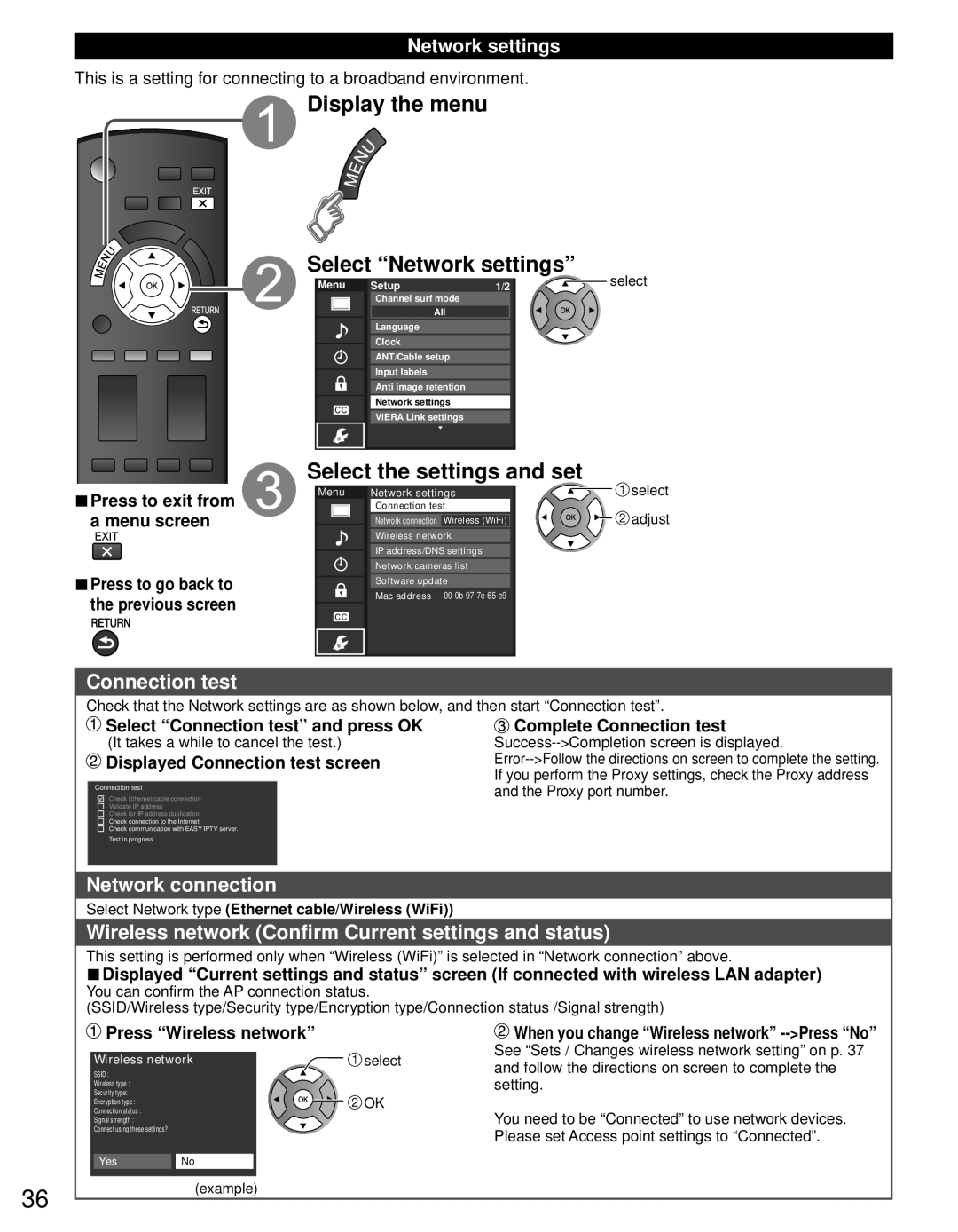 Panasonic TC-P42S30, TC-P46S30 Display the menu Select Network settings, Select the settings and set, Connection test 