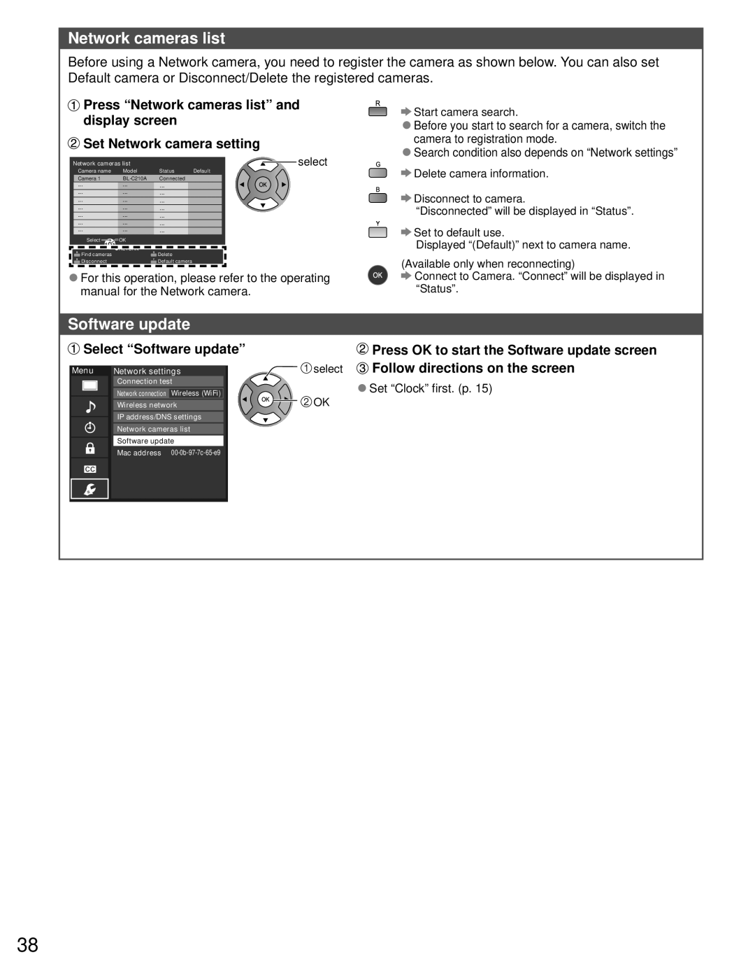 Panasonic TC-P46S30 Set Network camera setting, Select Software update, Delete camera information, Disconnect to camera 