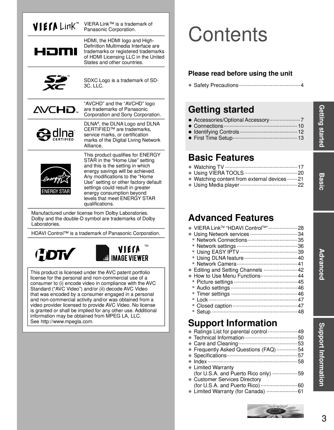 Panasonic TC-P42S30, TC-P46S30, TC-P50S30 warranty Contents 