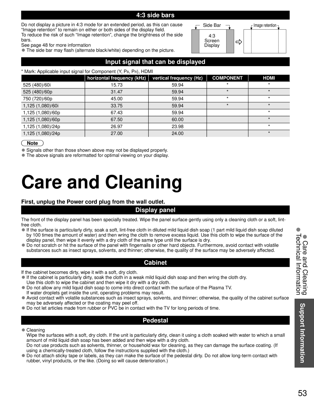 Panasonic TC-P46S30, TC-P42S30, TC-P50S30 warranty Care and Cleaning 