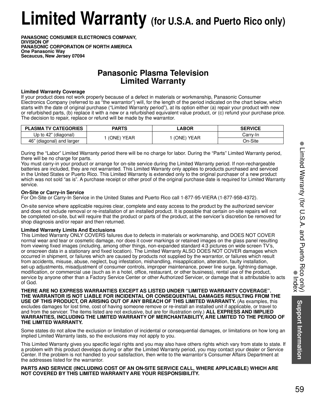 Panasonic TC-P46S30 warranty Limited Warranty Coverage, On-Site or Carry-in Service, Limited Warranty Limits And Exclusions 