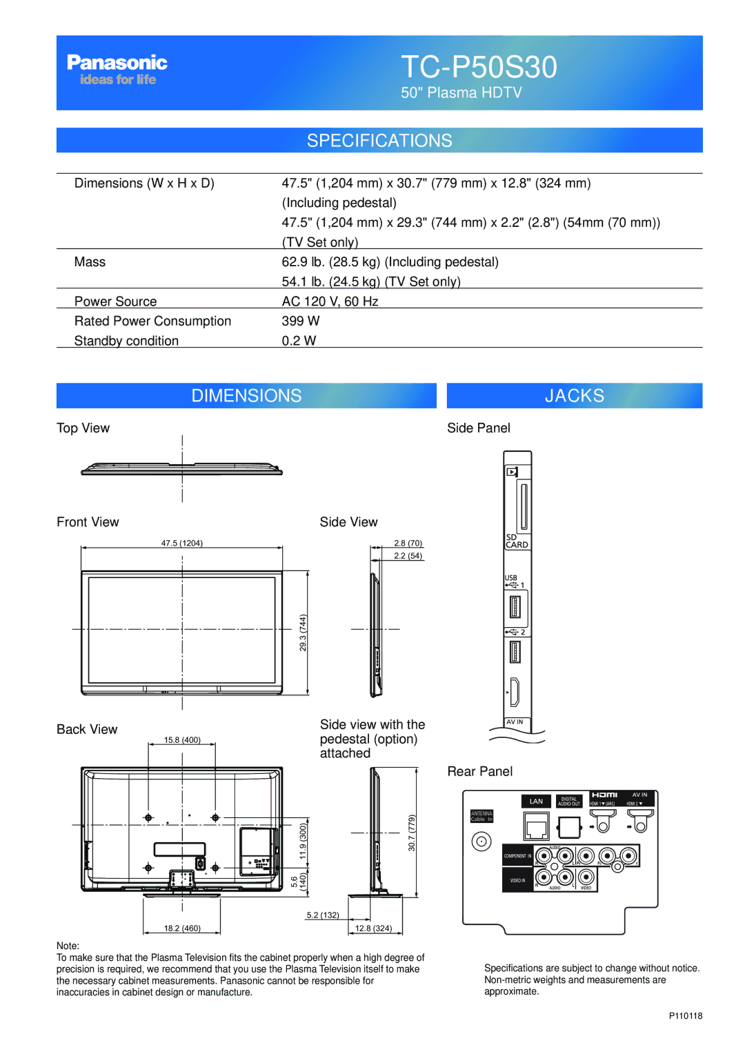 Panasonic TC-P46S30 Top View Front View Side View, Side Panel Back View, Side view with the pedestal option attached 