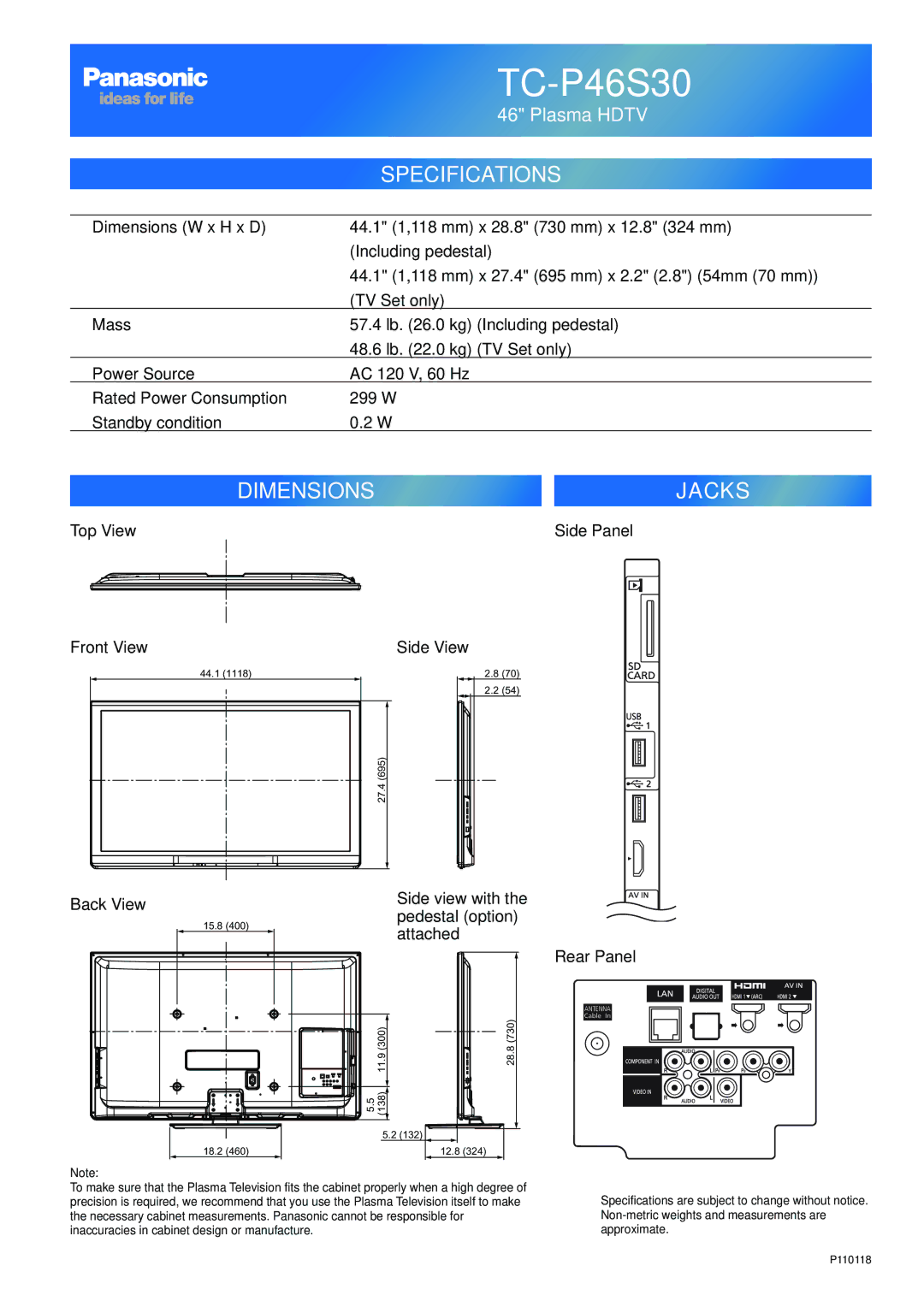 Panasonic TC-P42S30 Top View Side Panel Front View Side View, Side view with the pedestal option Attached Rear Panel 