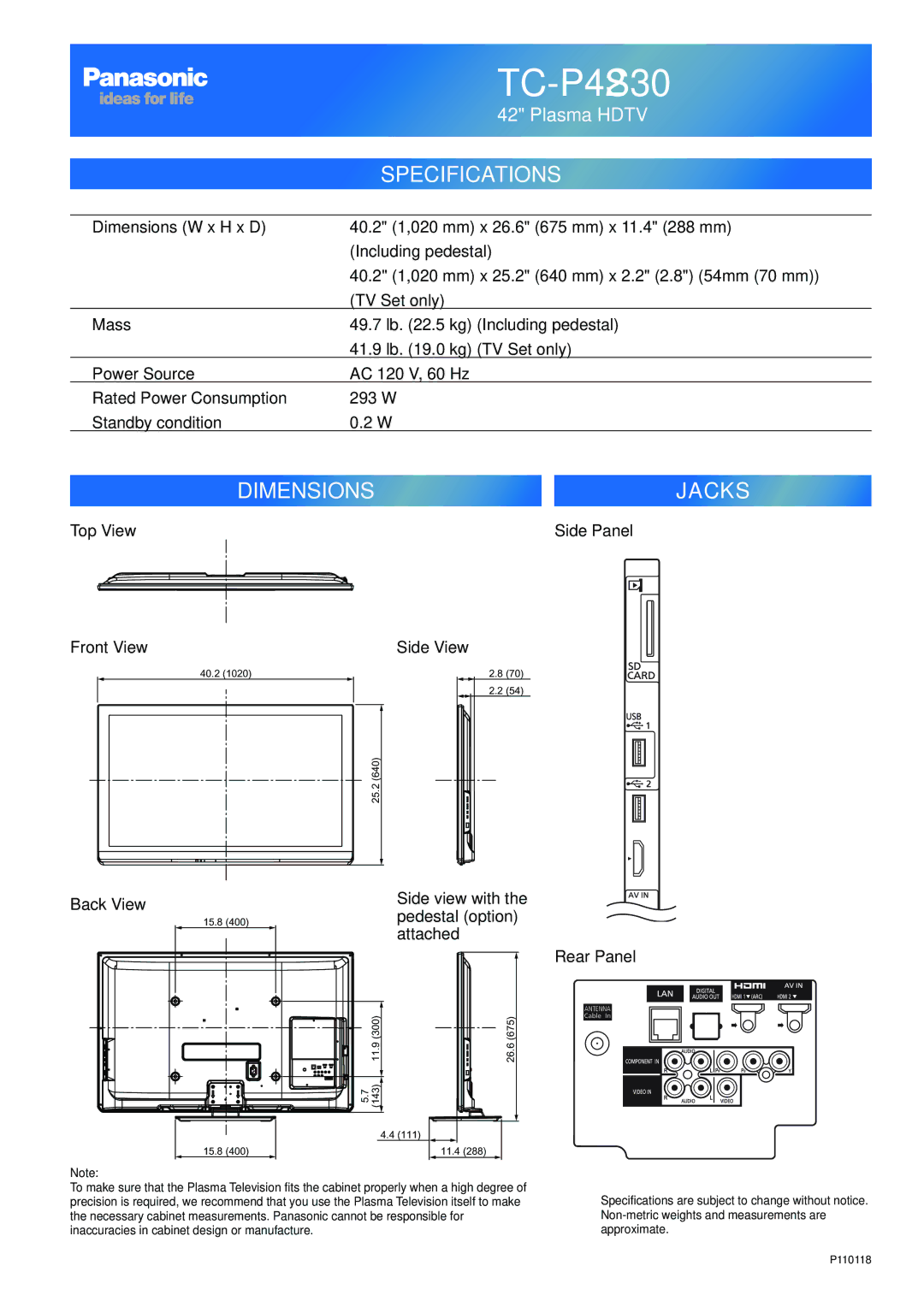 Panasonic TC-P50S30, TC-P46S30 warranty TC-P42S30 