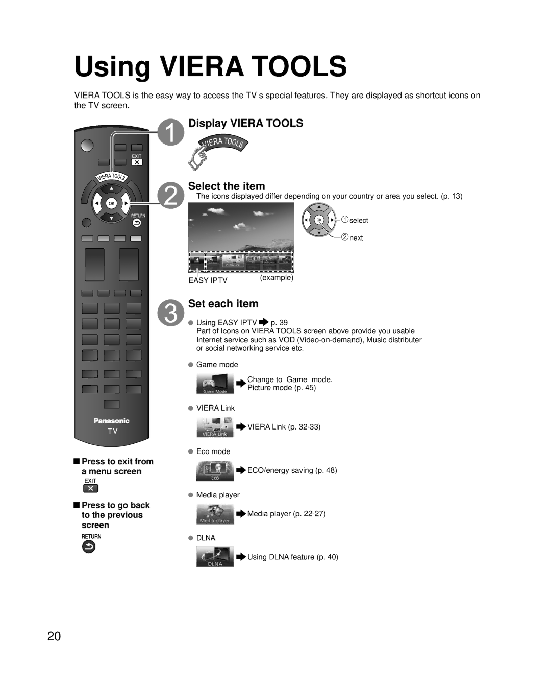 Panasonic TC-P50X3, TC-P46X3, TC-P42X3 owner manual Using Viera Tools, Display Viera Tools Select the item, Set each item 