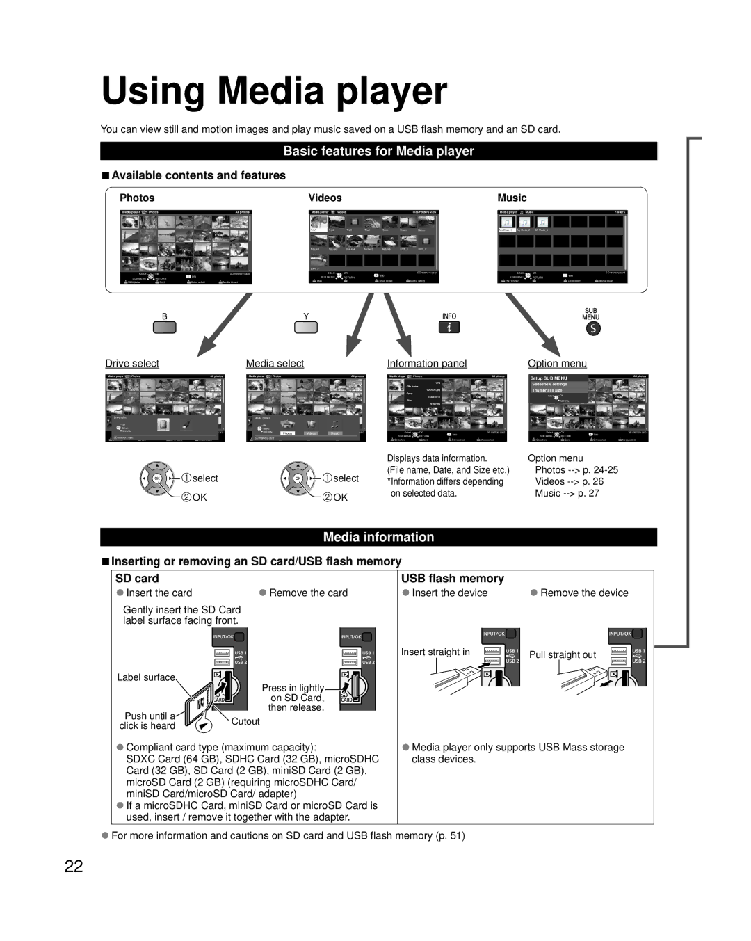 Panasonic TC-P42X3, TC-P46X3, TC-P50X3 owner manual Using Media player, Basic features for Media player, Media information 