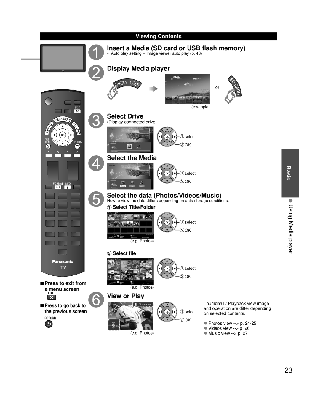 Panasonic TC-P50X3, TC-P46X3 Insert a Media SD card or USB flash memory, Display Media player, Select Drive, View or Play 