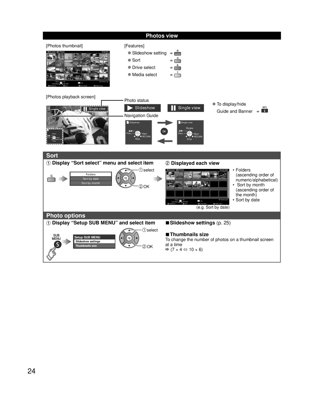 Panasonic TC-P46X3, TC-P42X3, TC-P50X3 owner manual Sort, Photo options, Photos view, Display Setup SUB Menu and select item 