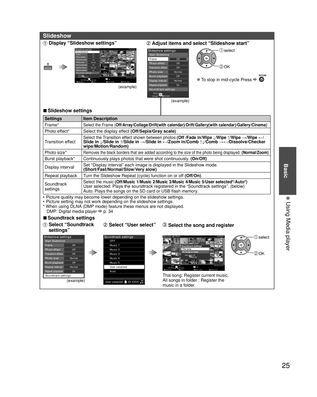 Panasonic TC-P42X3, TC-P46X3, TC-P50X3 owner manual Using Media, Player, Slideshow settings 