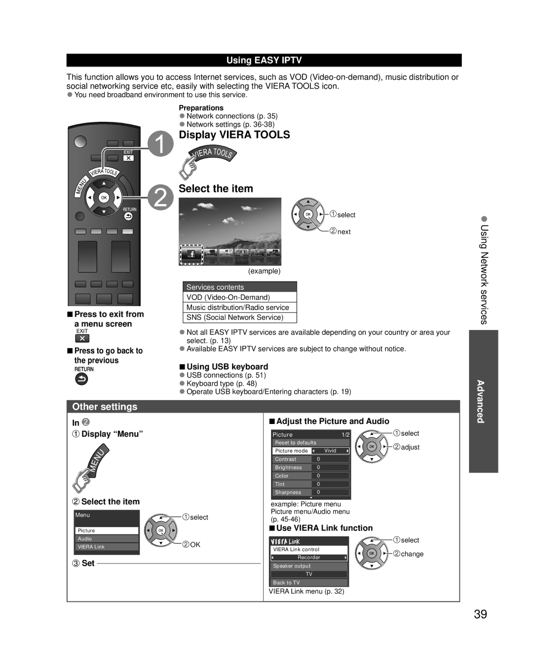 Panasonic TC-P46X3 Other settings, Using Easy Iptv, Using USB keyboard, Display Menu Adjust the Picture and Audio 