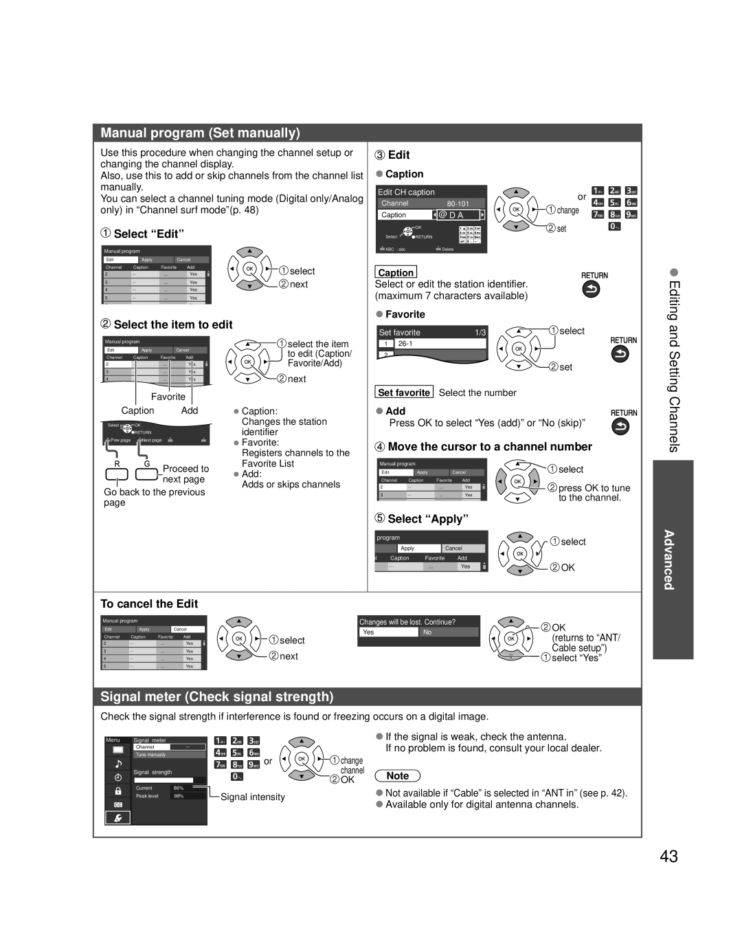 Panasonic TC-P42X3, TC-P46X3, TC-P50X3 Manual program Set manually, Setting Channels, Signal meter Check signal strength 