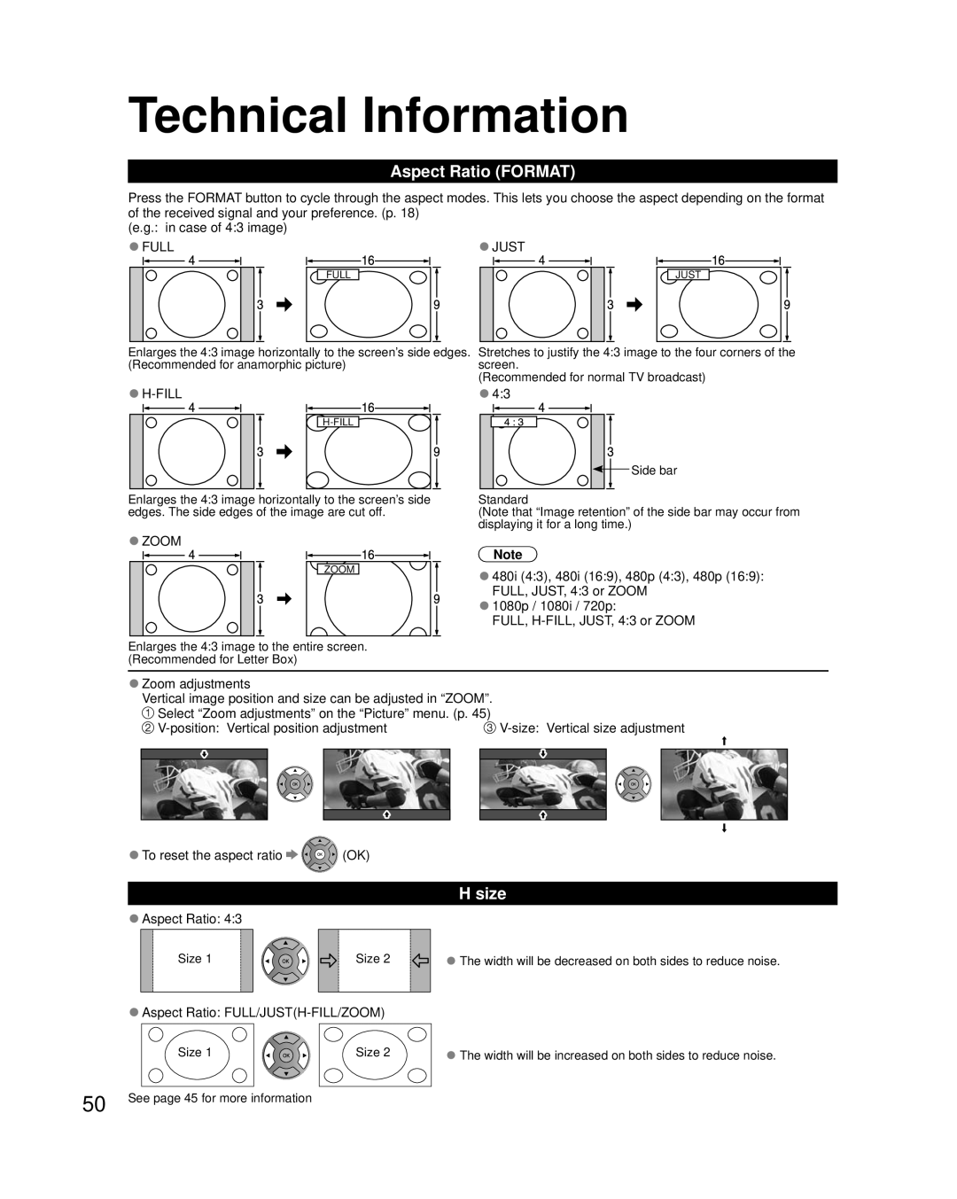 Panasonic TC-P50X3, TC-P46X3, TC-P42X3 Technical Information, Aspect Ratio Format, Size, To reset the aspect ratio OK 