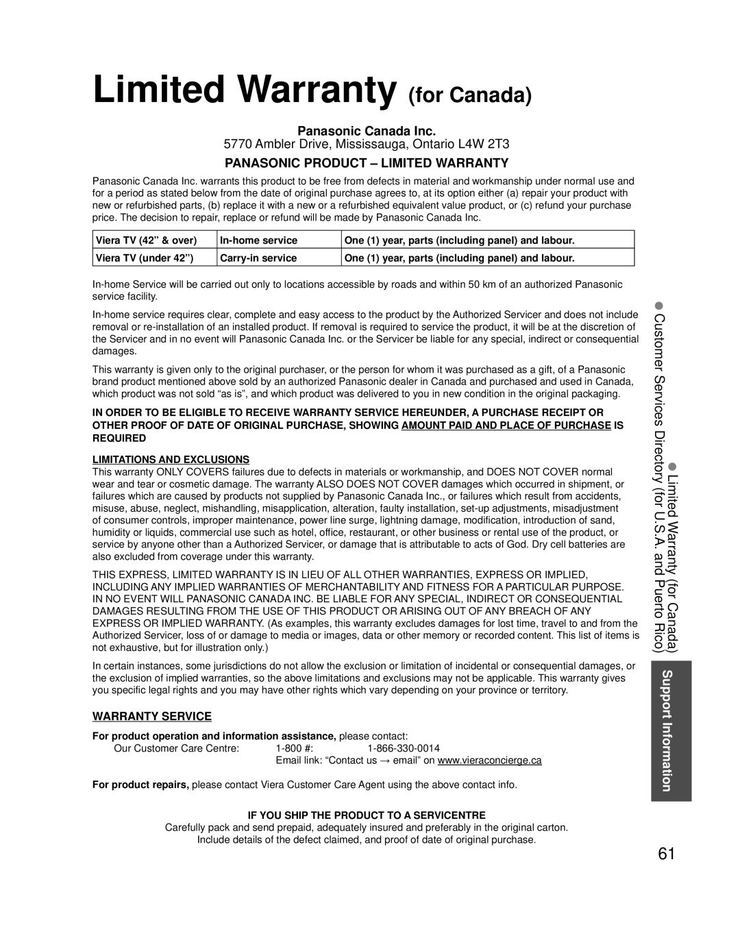 Panasonic TC-P42X3, TC-P46X3, TC-P50X3 owner manual Limited Warranty for Canada, Panasonic Product Limited Warranty 