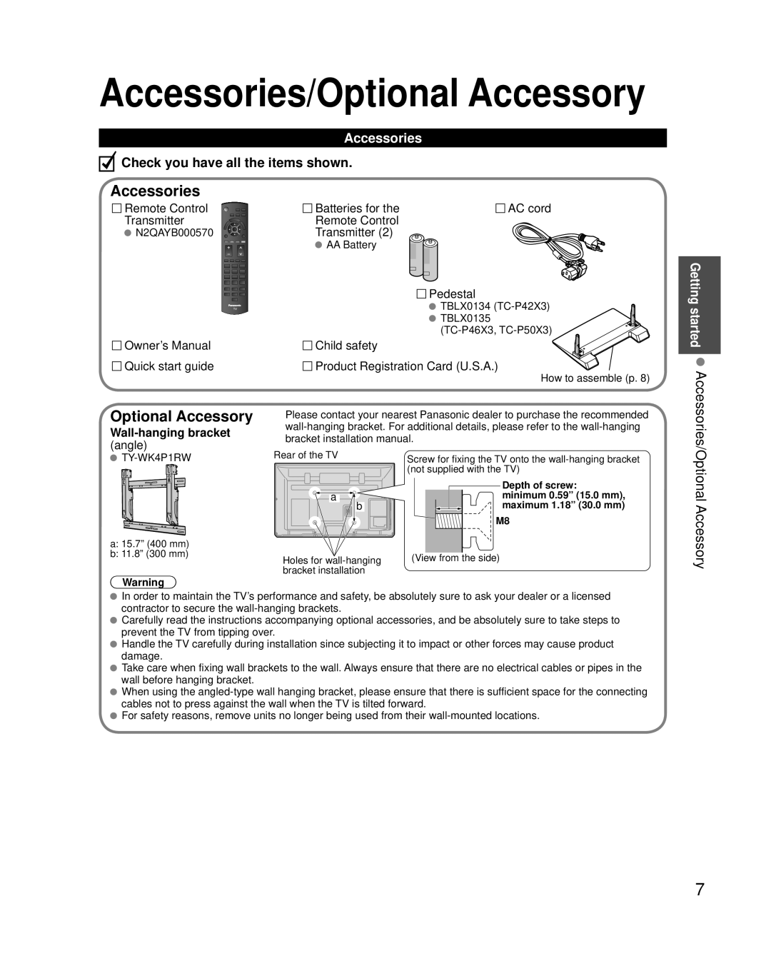 Panasonic TC-P42X3, TC-P46X3, TC-P50X3 owner manual Optional Accessory, Wall-hanging bracket 