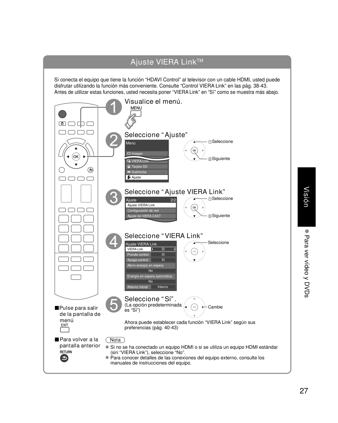 Panasonic TC-P54G10, TC-P50G10 Visualice el menú Seleccione Ajuste, Seleccione Ajuste Viera Link, Seleccione Viera Link 