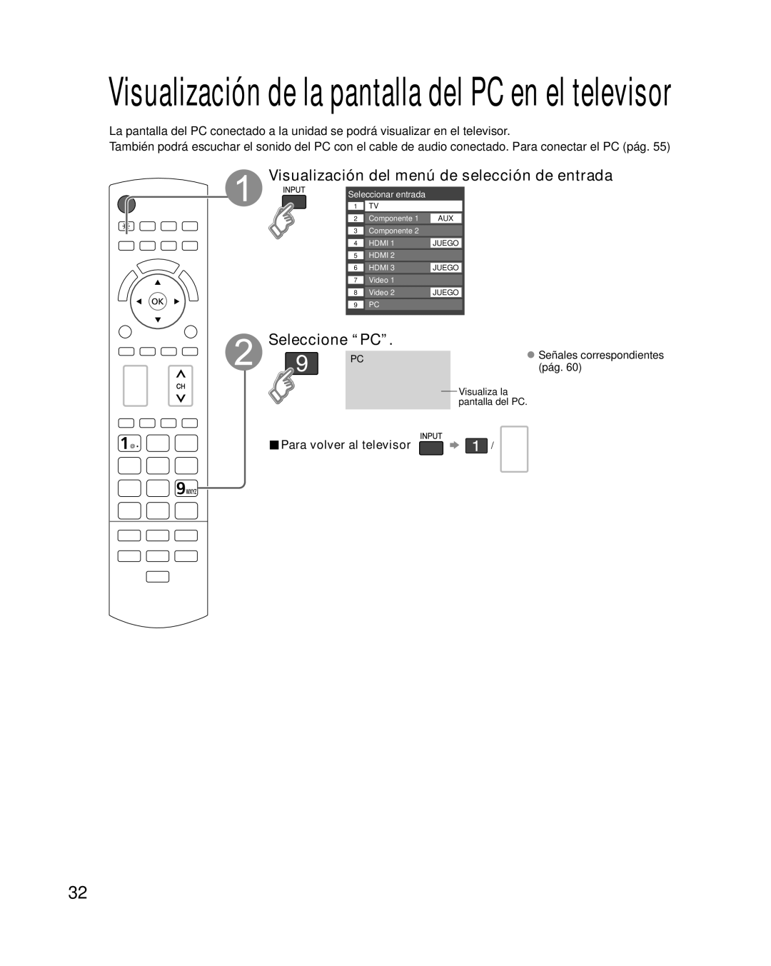 Panasonic TC-P46G10, TC-P50G10 Visualización del menú de selección de entrada, Seleccione PC, Para volver al televisor 