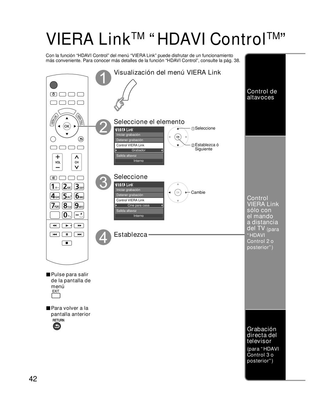 Panasonic TC-P54G10, TC-P50G10, TC-P46G10 quick start Visualización del menú Viera Link, Seleccione 