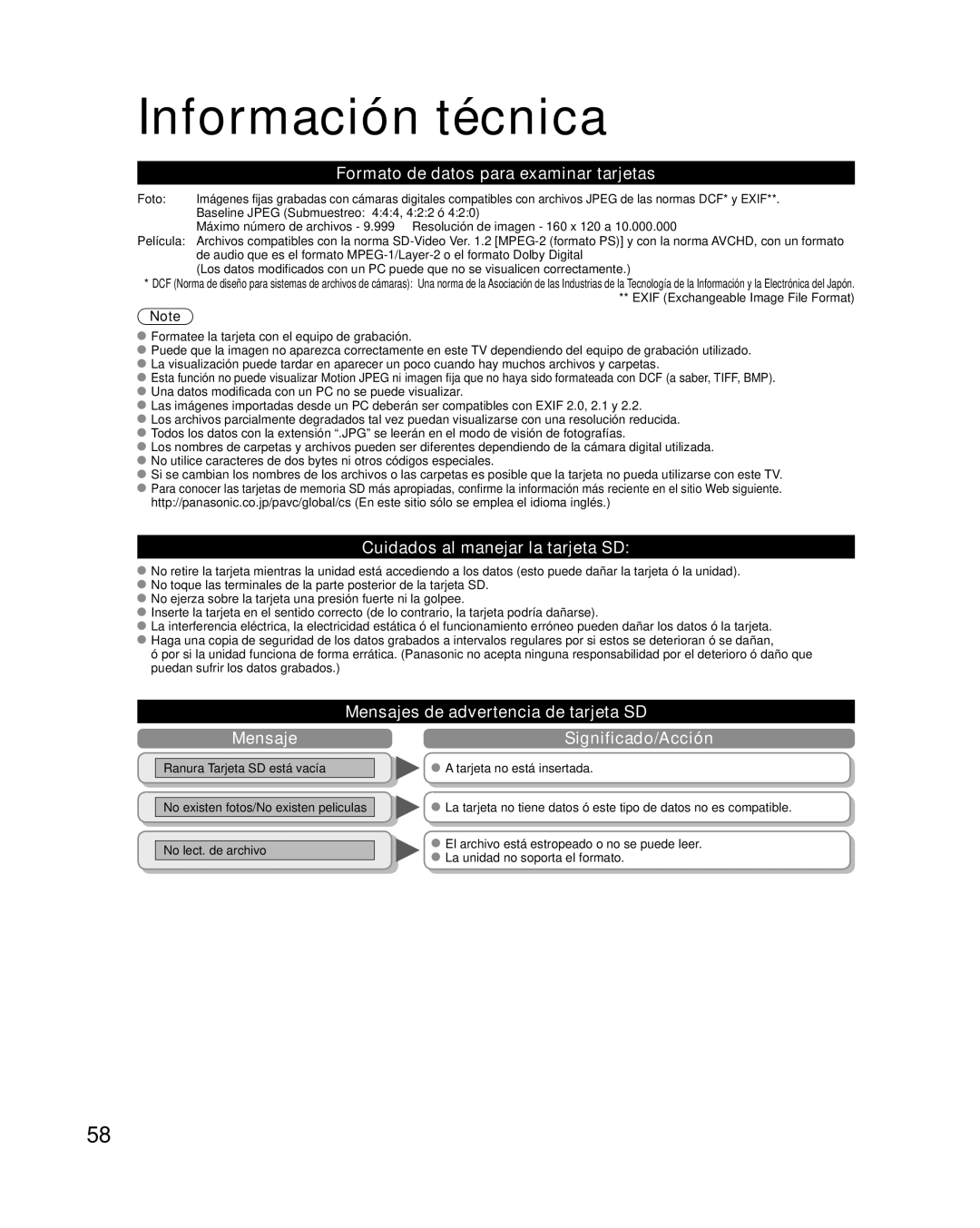 Panasonic TC-P50G10 Formato de datos para examinar tarjetas, Cuidados al manejar la tarjeta SD, Significado/Acción 