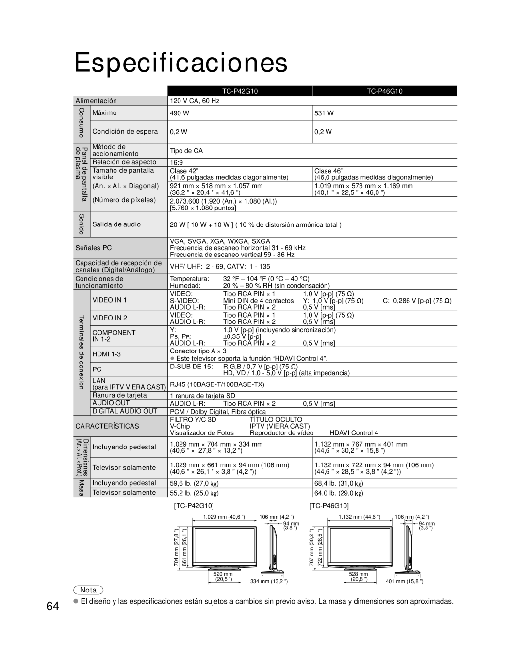 Panasonic TC-P50G10, TC-P46G10, TC-P54G10 quick start Especificaciones 