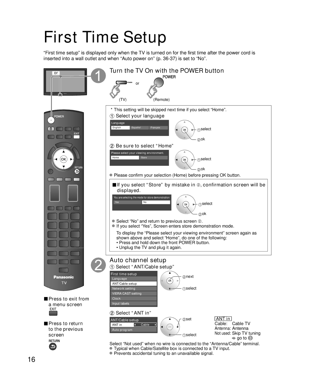 Panasonic TC-P46G10, TC-P50G10, TC-P54G10 First Time Setup, Turn the TV On with the Power button, Auto channel setup 