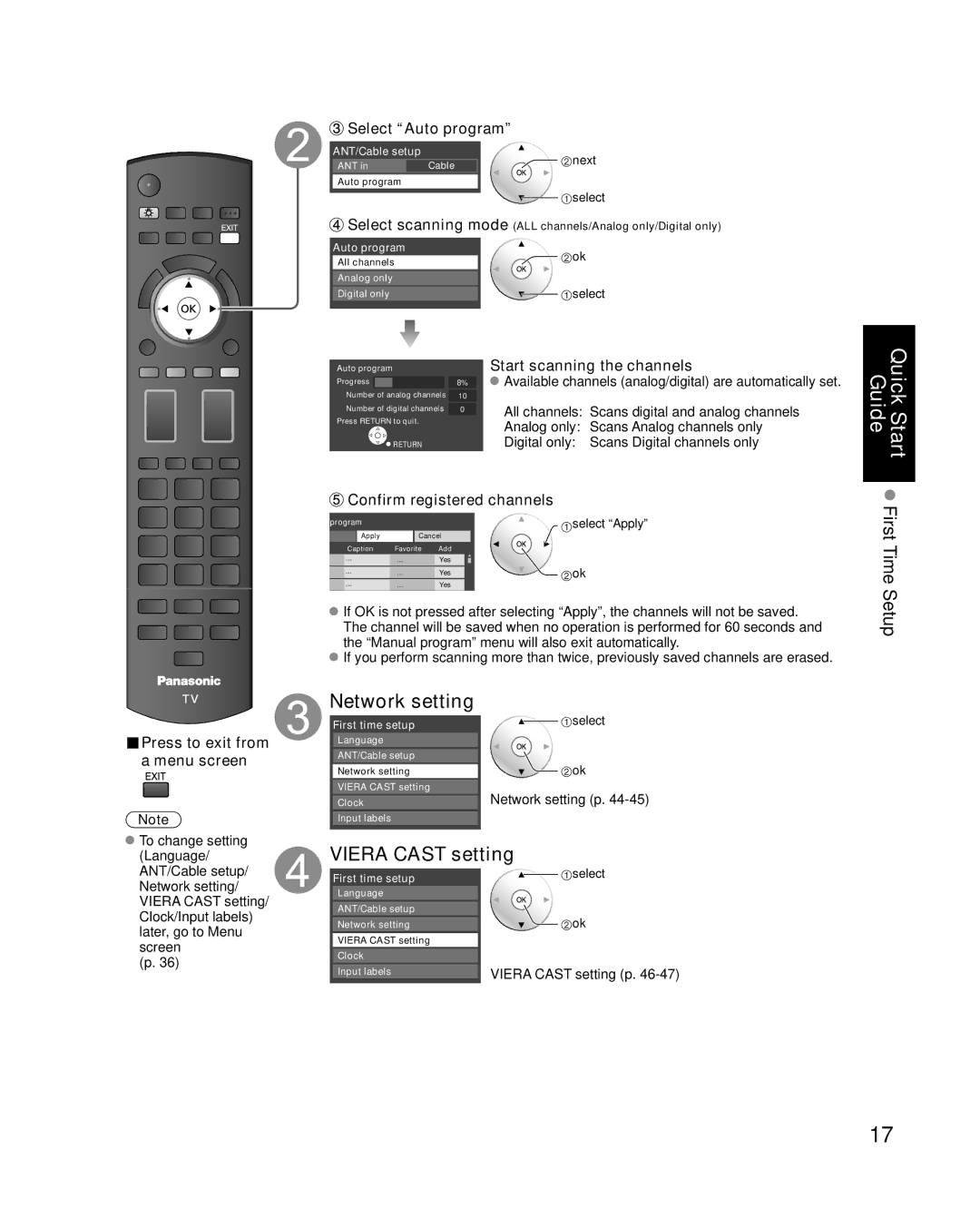 Panasonic TC-P54G10 Network setting, Viera Cast setting, Start scanning the channels, Confirm registered channels 