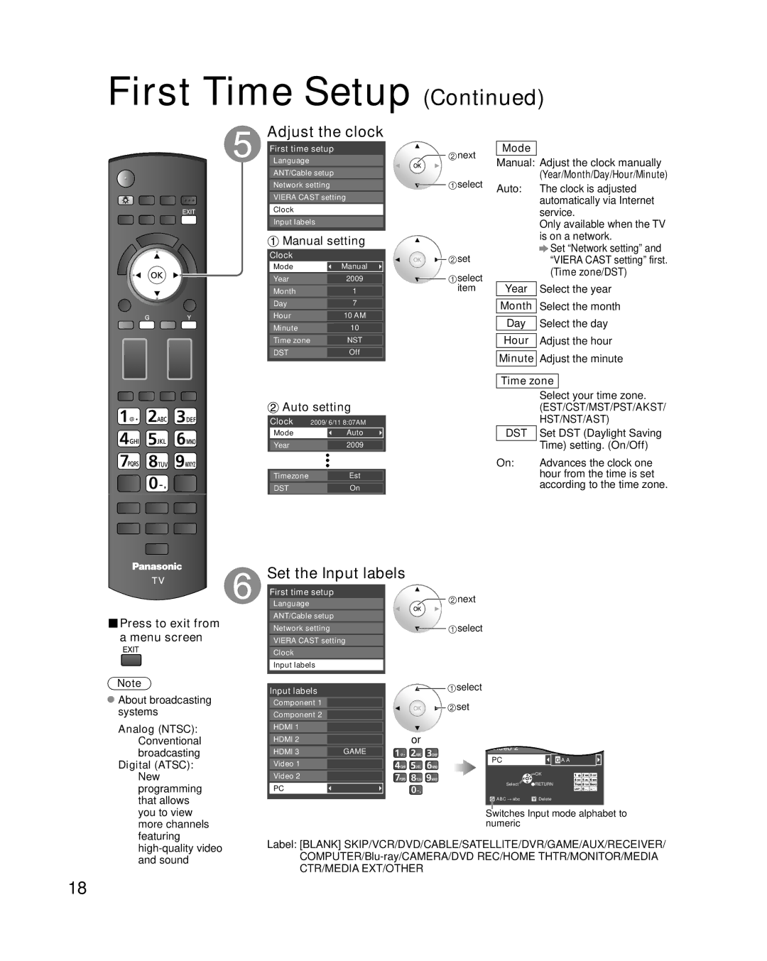 Panasonic TC-P50G10, TC-P46G10, TC-P54G10 quick start Adjust the clock, Set the Input labels, Manual setting, Auto setting 