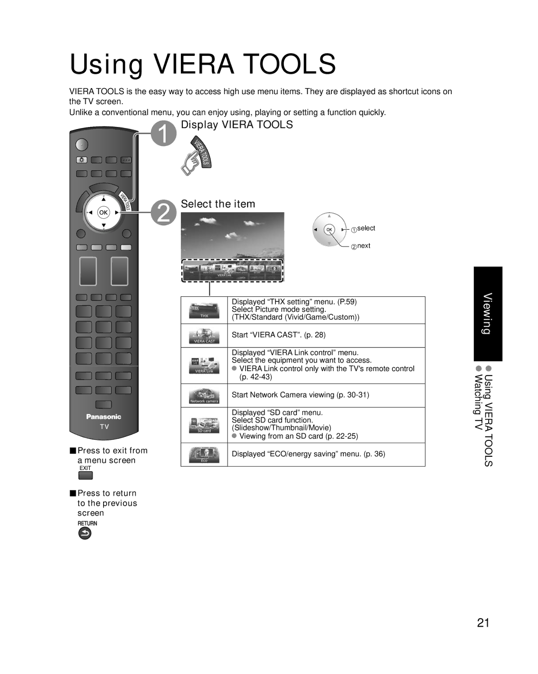 Panasonic TC-P50G10, TC-P46G10, TC-P54G10 quick start Using Viera Tools, Display Viera Tools Select the item, Select next 