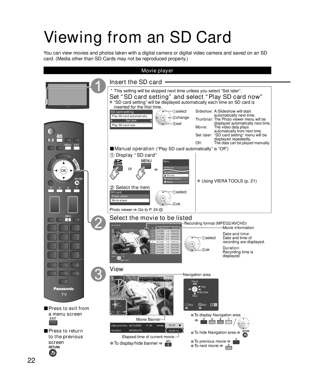 Panasonic TC-P46G10 Viewing from an SD Card, Insert the SD card, Set SD card setting and select Play SD card now 