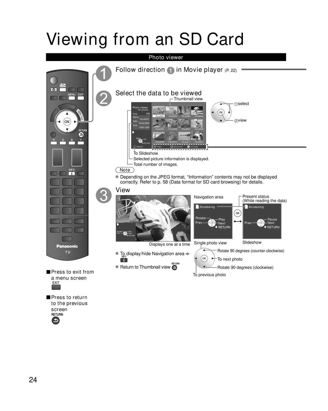 Panasonic TC-P50G10, TC-P46G10 Photo viewer, Press to exit from, Menu screen Press to return to the previous screen 