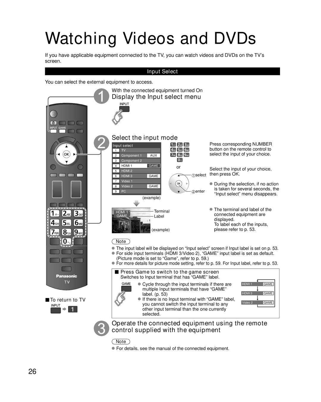 Panasonic TC-P54G10, TC-P50G10 Watching Videos and DVDs, Display the Input select menu Select the input mode, Input Select 