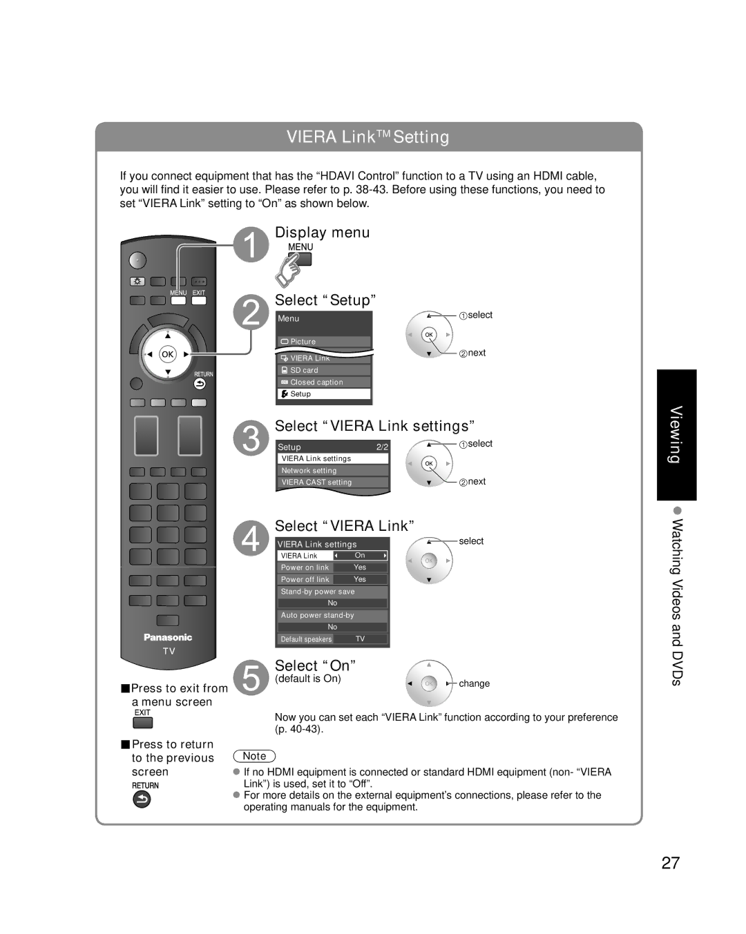 Panasonic TC-P50G10, TC-P46G10, TC-P54G10 Display menu Select Setup, Select Viera Link settings, Select On, Menu screen 