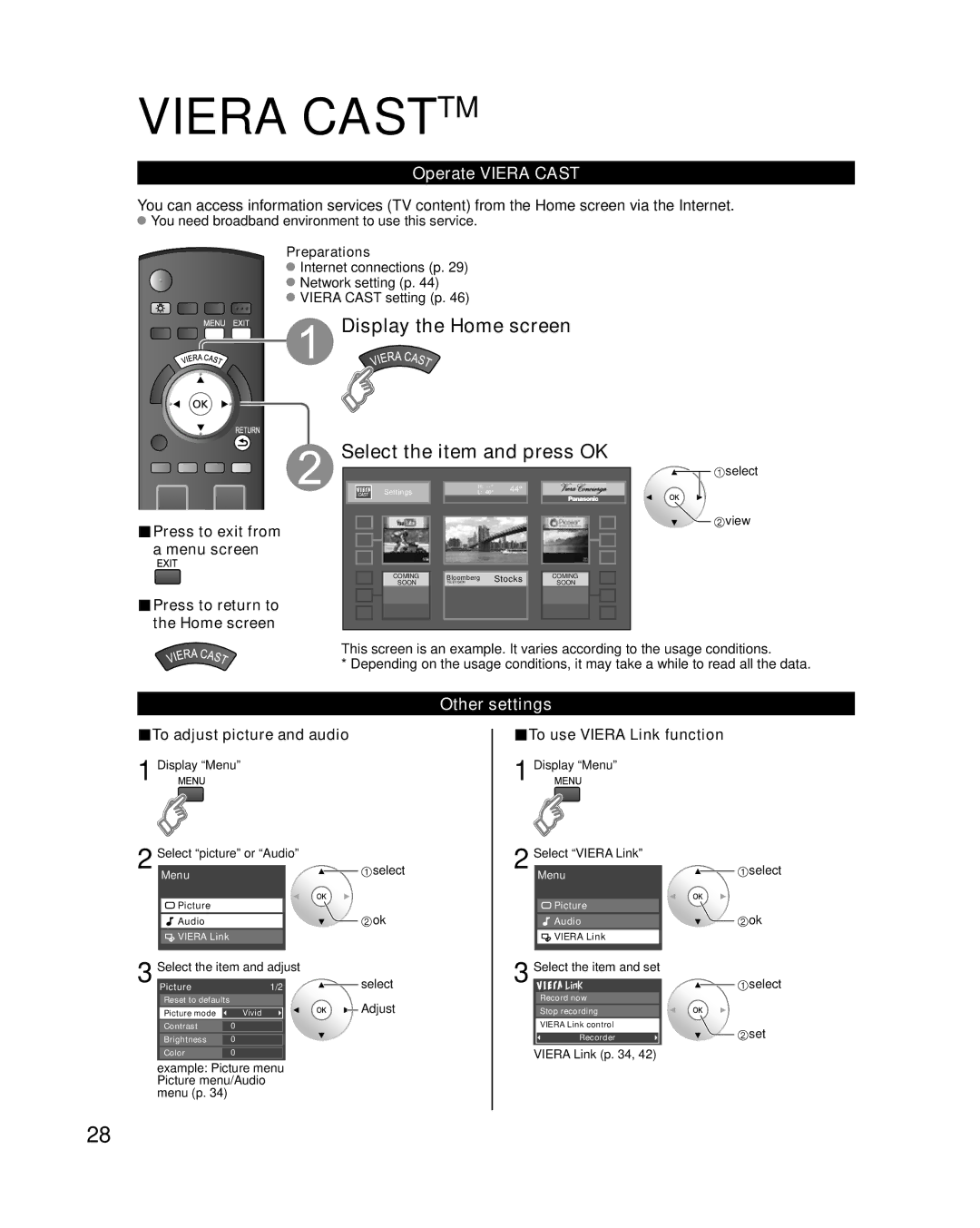 Panasonic TC-P46G10, TC-P50G10 Display the Home screen Select the item and press OK, Operate Viera Cast, Other settings 