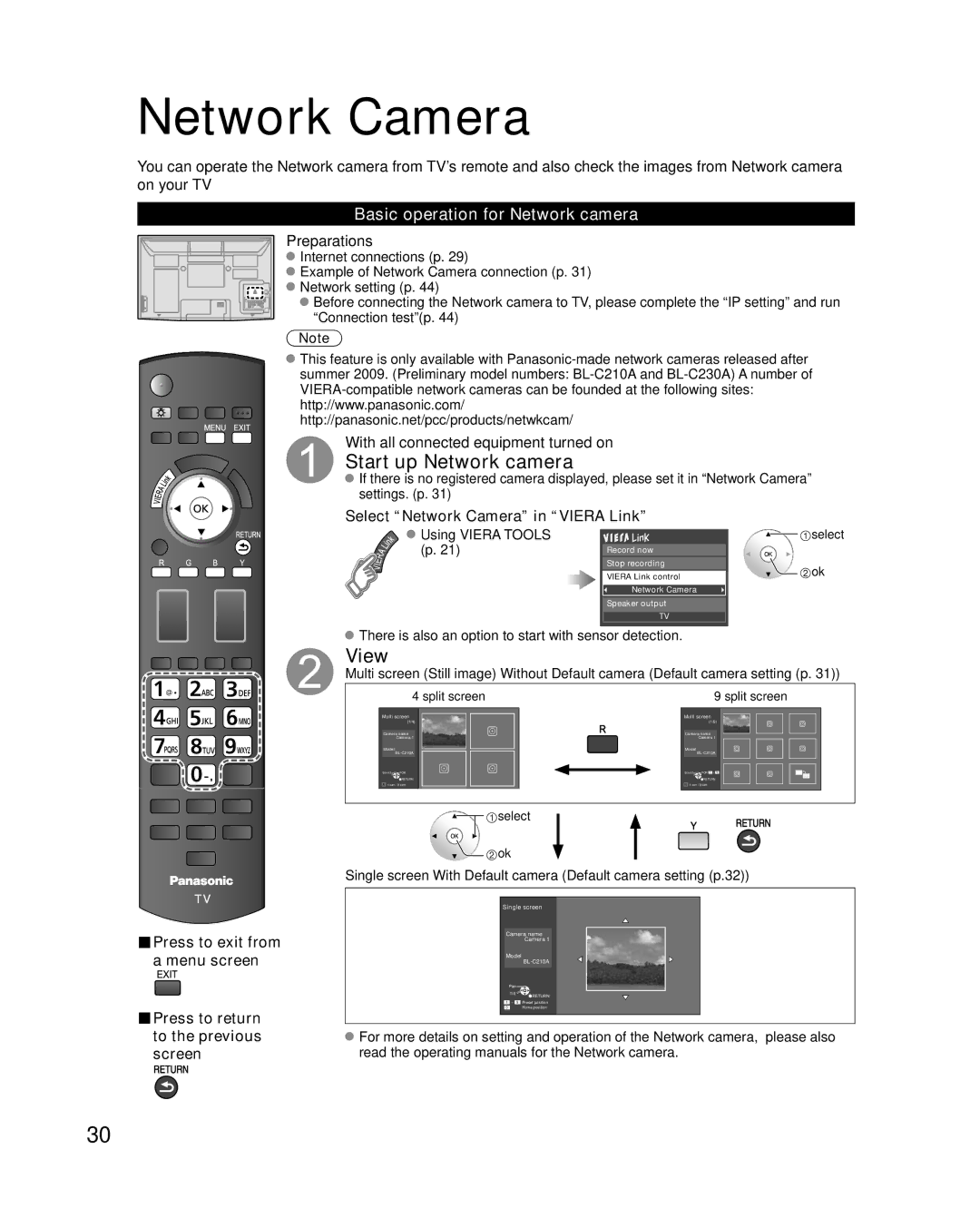 Panasonic TC-P50G10, TC-P46G10, TC-P54G10 Network Camera, Start up Network camera, Basic operation for Network camera 