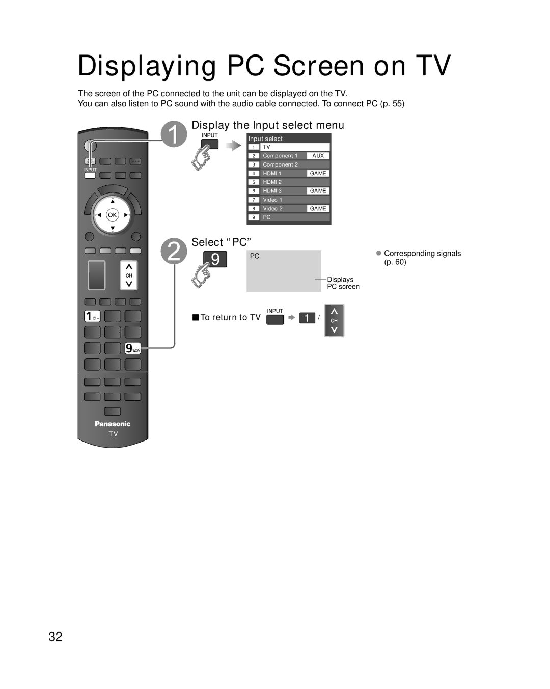 Panasonic TC-P54G10, TC-P50G10 Displaying PC Screen on TV, Display the Input select menu, Select PC, To return to TV 