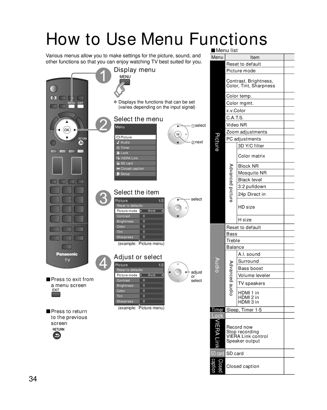 Panasonic TC-P46G10, TC-P50G10, TC-P54G10 How to Use Menu Functions, Display menu, Select the menu, Adjust or select 