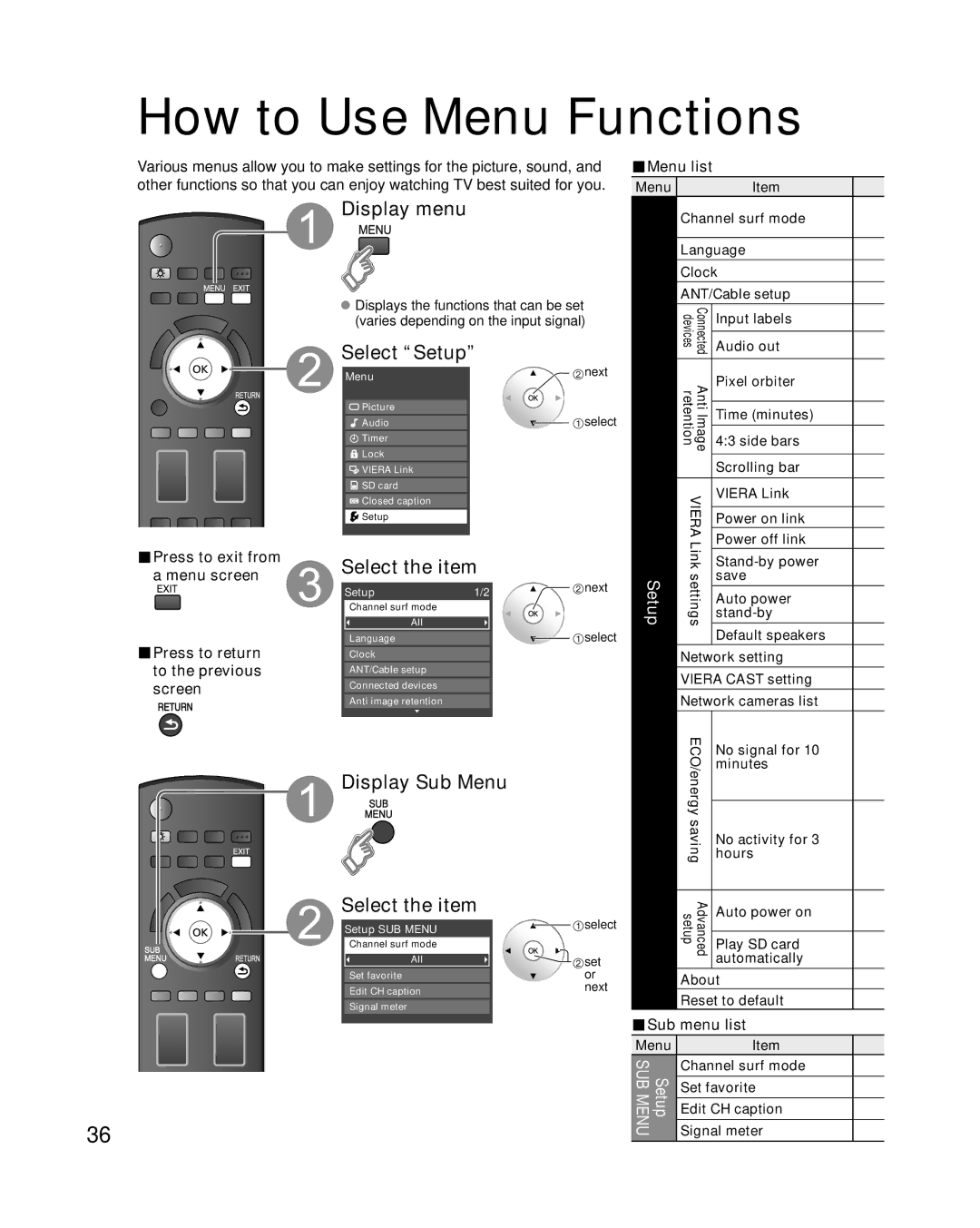 Panasonic TC-P50G10, TC-P46G10, TC-P54G10 quick start Display Sub Menu 