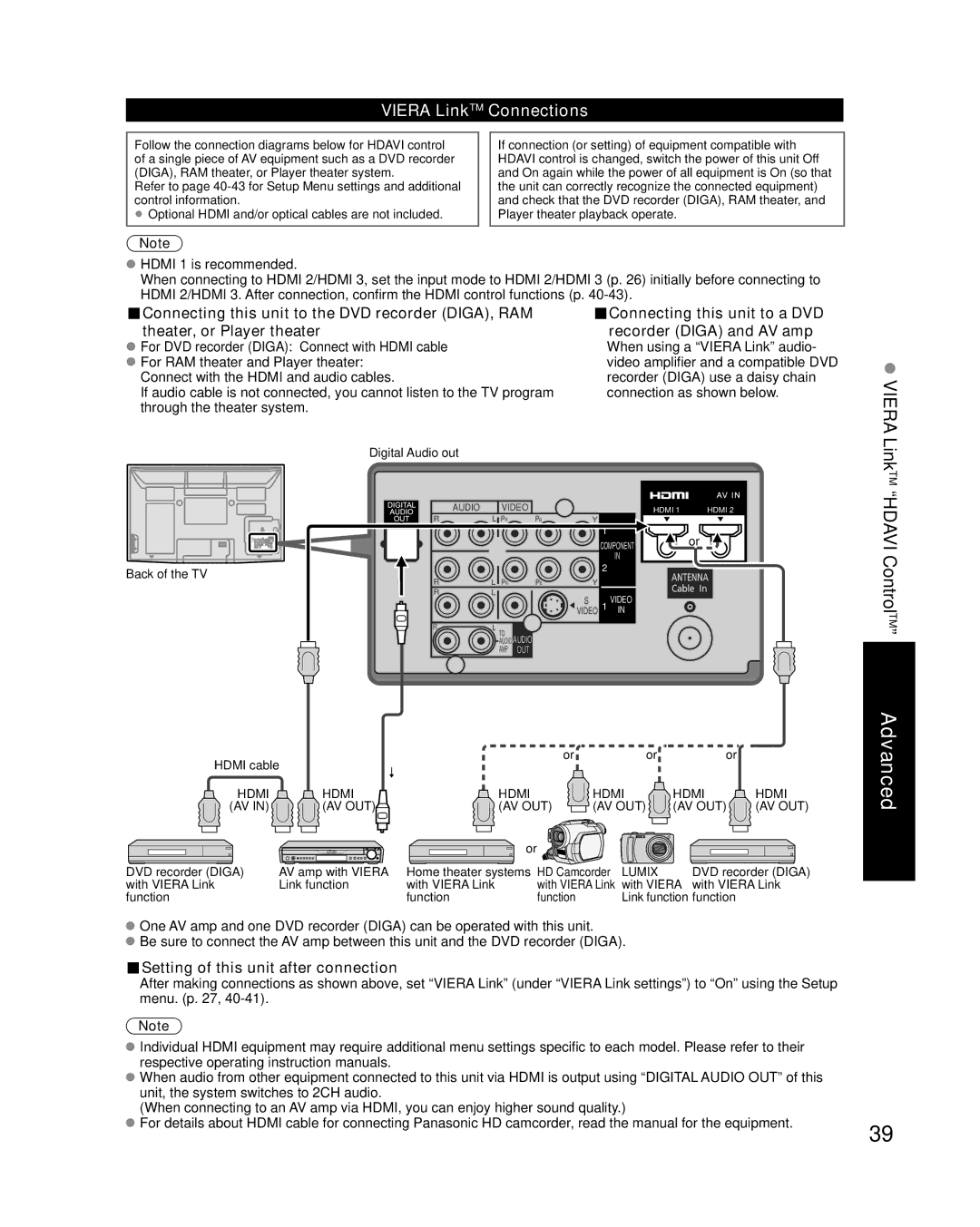 Panasonic TC-P50G10, TC-P46G10, TC-P54G10 quick start Viera LinkTM Connections, Setting of this unit after connection 