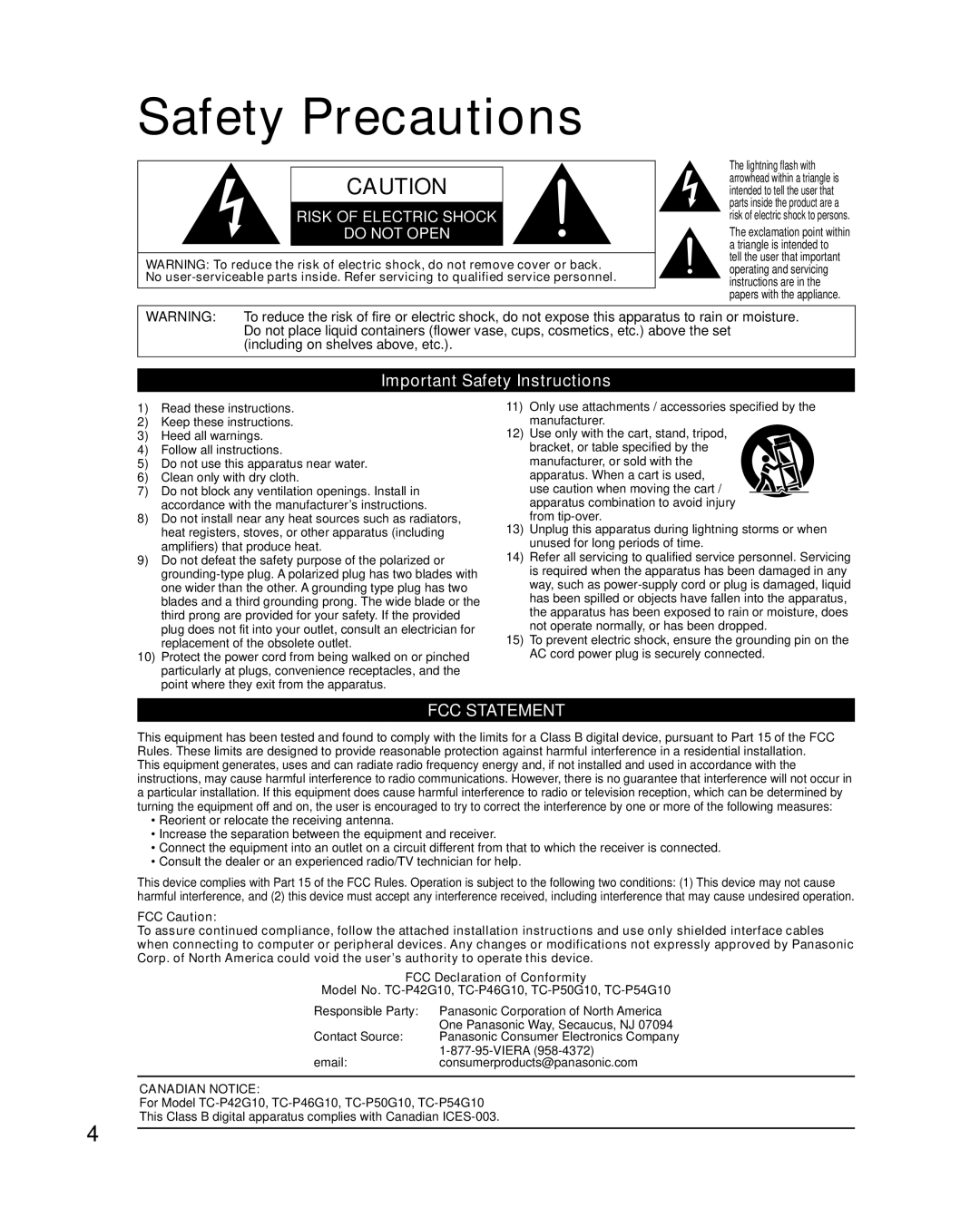 Panasonic TC-P46G10, TC-P50G10 Safety Precautions, Important Safety Instructions, Viera, Consumerproducts@panasonic.com 