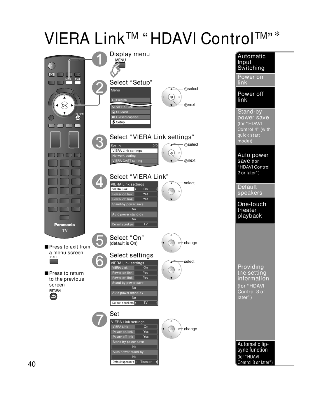 Panasonic TC-P46G10 Select settings, Set, Auto power save for, For Hdavi Control 3 or later, Automatic lip- sync function 