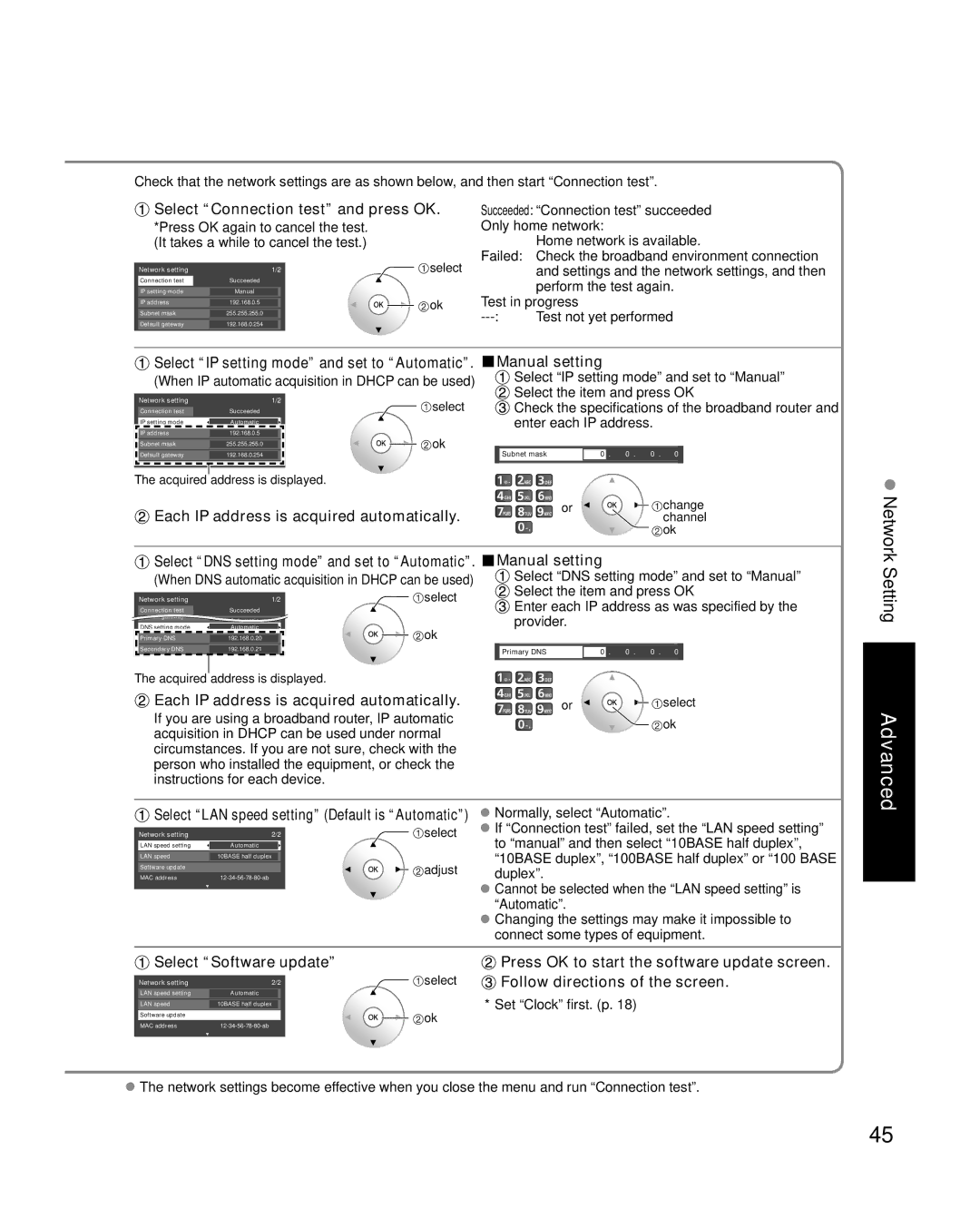 Panasonic TC-P50G10, TC-P46G10, TC-P54G10 Select Connection test and press OK, Each IP address is acquired automatically 