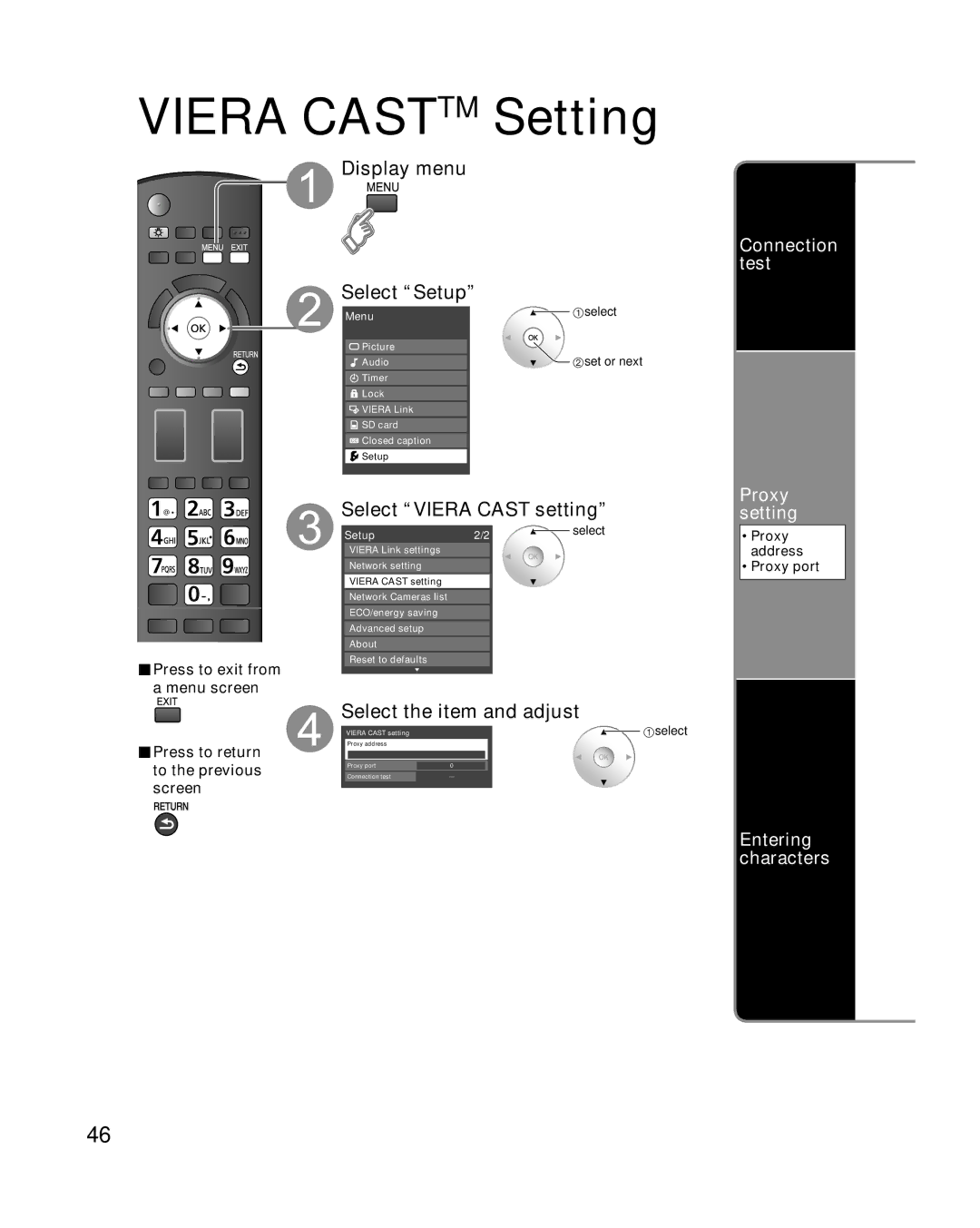 Panasonic TC-P46G10 Viera Casttm Setting, Select Viera Cast setting, Select the item and adjust, Entering characters 