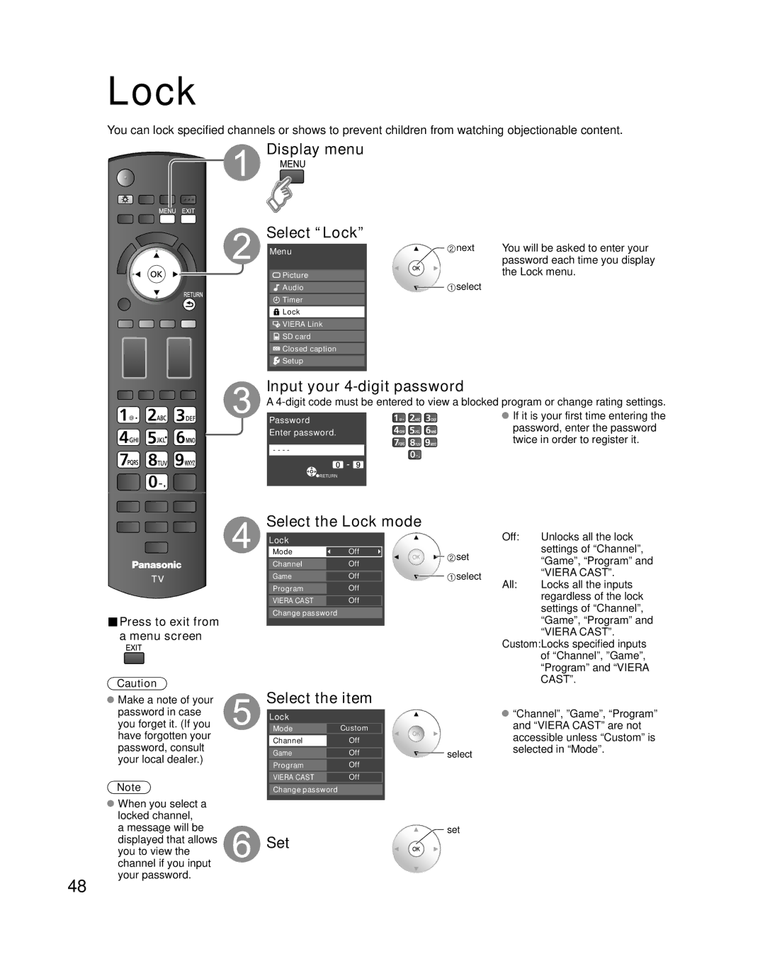 Panasonic TC-P50G10, TC-P46G10, TC-P54G10 Display menu Select Lock, Input your 4-digit password, Select the Lock mode 