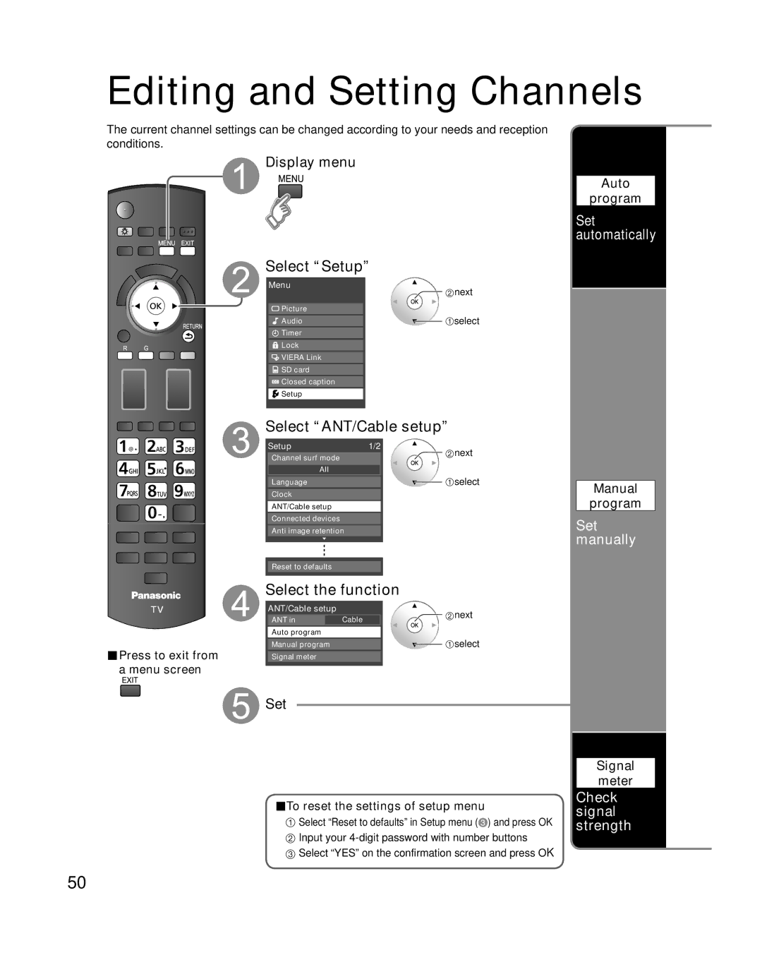 Panasonic TC-P54G10, TC-P50G10 Editing and Setting Channels, Select ANT/Cable setup, Set manually, Check signal strength 